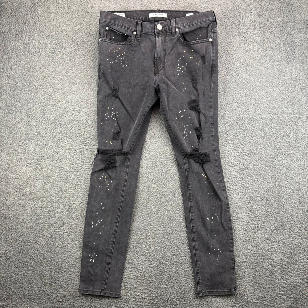 PacSun Mens Stacked Skinny Distressed Paint Splatter Jeans Black 32x30 9852